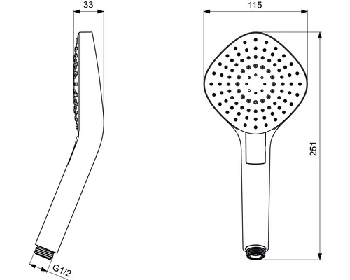 Technische Zeichnung eines Duschkopfs mit Maßangaben