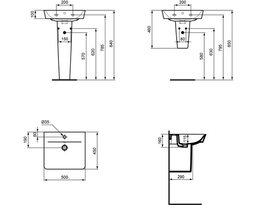 Technische Zeichnung eines Waschbeckens mit Maßen