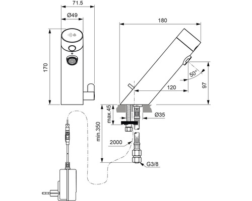 Technische Zeichnung eines berührungslosen Waschtischhahns mit Maßangaben