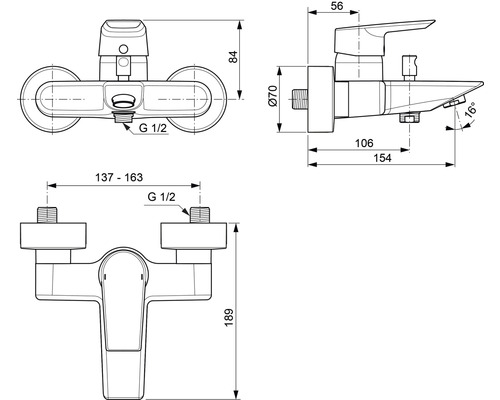 Technische Zeichnung einer Aufputz-Duscharmatur mit Maßangaben