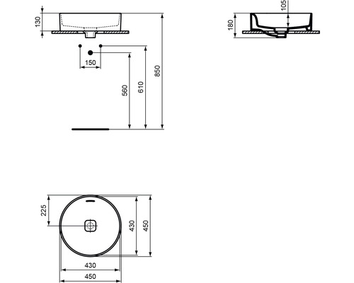 Technische Zeichnung eines Waschbeckens mit Maßangaben