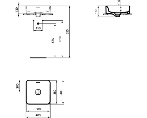 Technische Zeichnung eines Aufsatzwaschbeckens mit Maßangaben