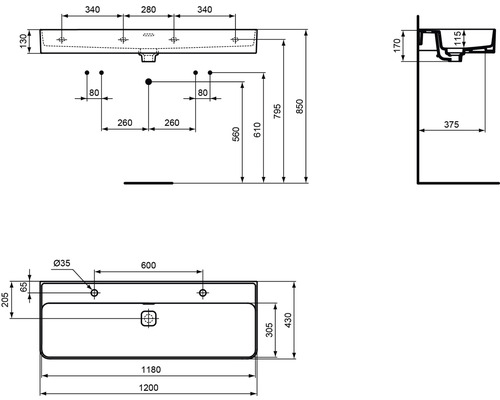 Technische Zeichnung eines Waschtisches mit Maßangaben