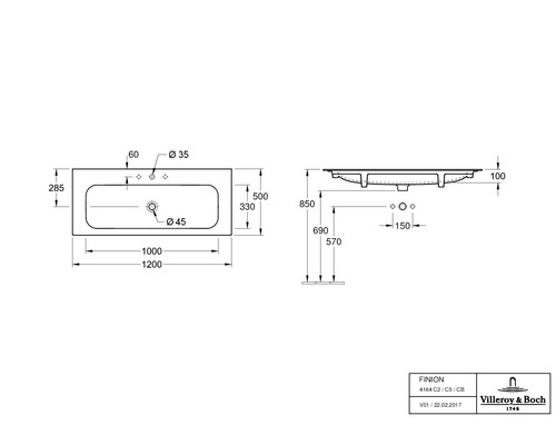 Technische Zeichnung eines Waschtisches mit Maßen