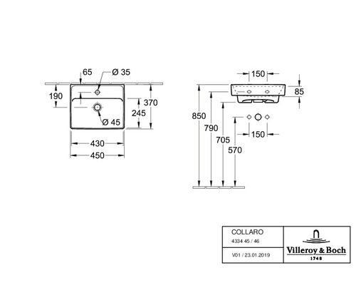 Technische Zeichnung eines Collado Waschbeckens von Villeroy und Boch mit Maßangaben