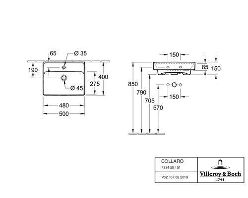 Technische Zeichnung eines Collato Waschbeckens mit Maßangaben
