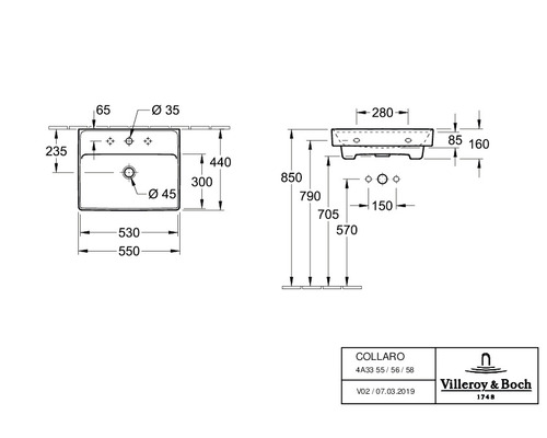 Technische Zeichnung des Collano Waschtischs mit Maßangaben