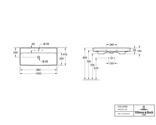 Zeichnung Waschbecken Collaro mit Maßangaben