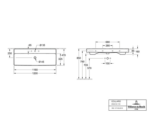 Technische Zeichnung des Collaro Waschtischs mit Maßangaben