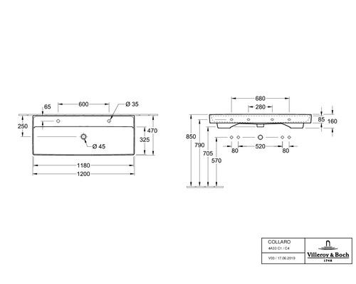 Technische Zeichnung des Collaro Waschtischs mit Maßen