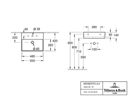 Technische Zeichnung Waschbecken mit Maßangaben
