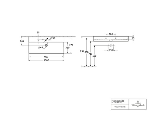 Technische Zeichnung eines Waschtischs mit Maßangaben