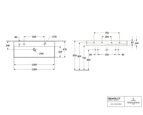 Technische Zeichnung Villeroy & Boch Memento 2.0 Waschtisch mit Maßangaben
