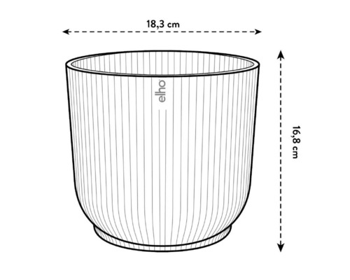 Illustration eines Elho Pflanzgefäßes mit den Maßen 18,3 cm Breite und 16,8 cm Höhe.