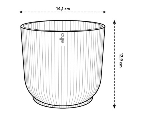 Abbildung eines Pflanzgefäßes mit den Maßen 14,1 cm Breite und 12,9 cm Höhe.