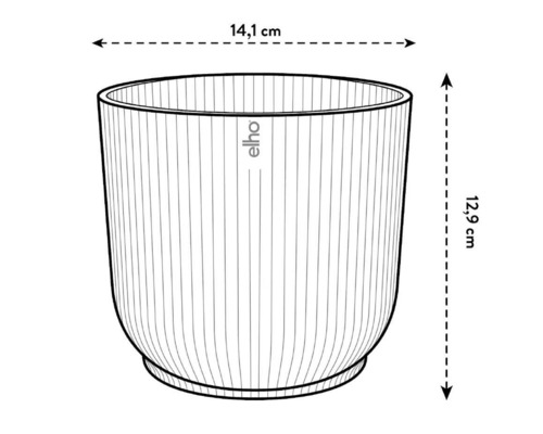 Abbildung eines Blumentopfs mit den Maßen 14,1 cm Breite und 12,9 cm Höhe.
