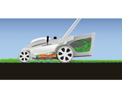 Illustration eines Rasenmähers im Einsatz mit Schnittgutführung