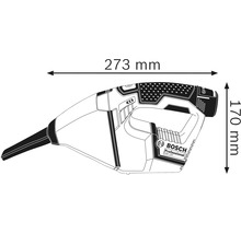 Abbildung der Abmessungen des Bosch GAS 12V Akku Handsaugers: 273 mm Länge und 170 mm Höhe