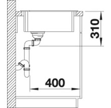 Technische Zeichnung mit Einbaumaßen für ein Spülbecken im Unterschrank mit Ablaufanschluss.