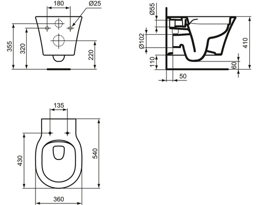 Technische Zeichnung eines wandhängenden WCs mit Maßangaben