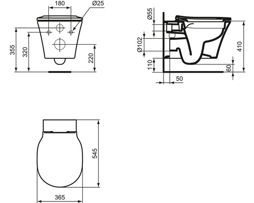 Technische Zeichnung eines Wand-WCs mit Abmessungen
