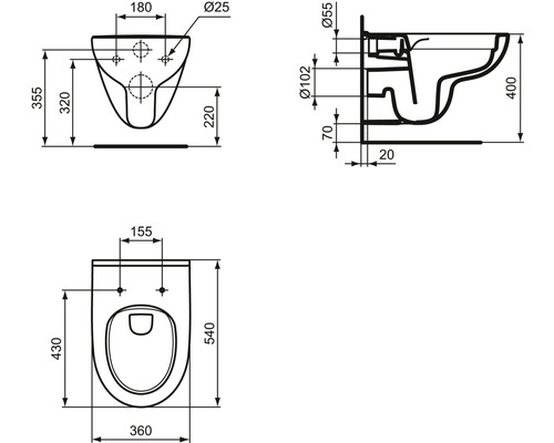 Technische Zeichnung eines Wand-WCs mit Maßangaben