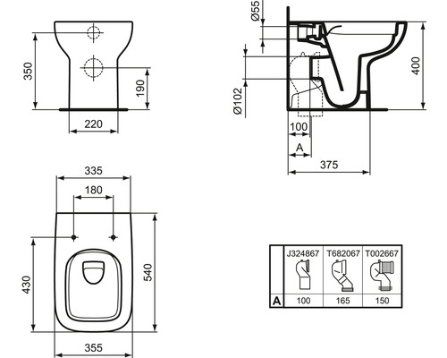 Technische Zeichnung eines Wand-WCs mit Maßangaben