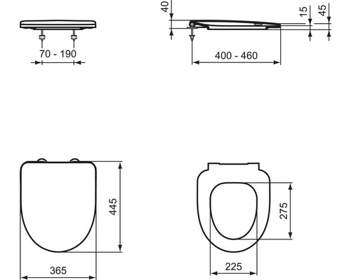 Technische Zeichnung eines Toilettensitzes mit Maßangaben