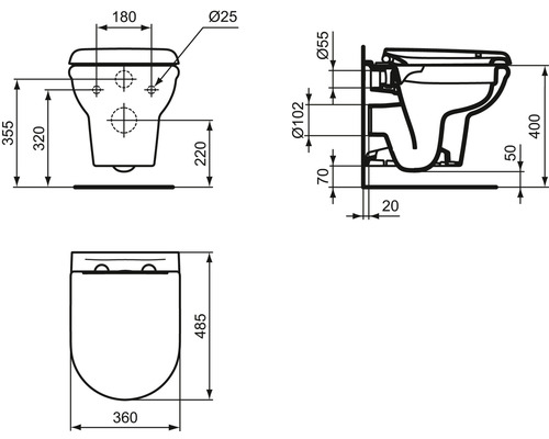 Technische Zeichnung eines Wand-WCs mit Bemaßung