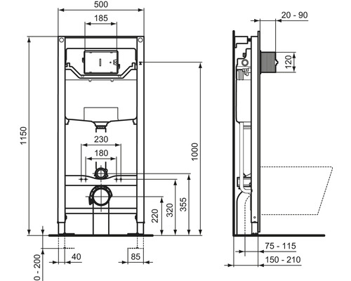 Technische Zeichnung eines Vorwandelements für ein WC mit Maßangaben