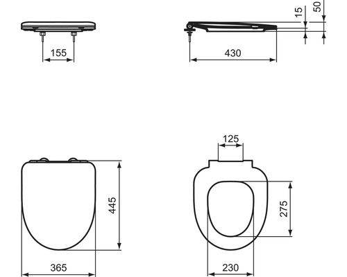Technische Zeichnung eines WC-Sitzes mit Maßangaben