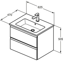 Zeichnung eines Waschtischunterschranks mit den Maßen 625 x 470 x 505 mm.