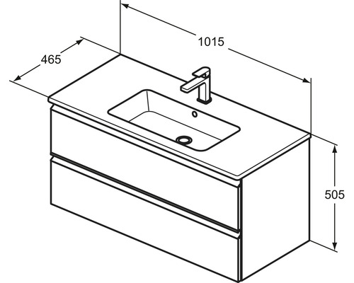 Zeichnung eines Waschtischunterschranks mit Abmessungen.