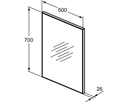 Technische Zeichnung eines Spiegels mit den Maßen 700, 500 und 26 Millimeter
