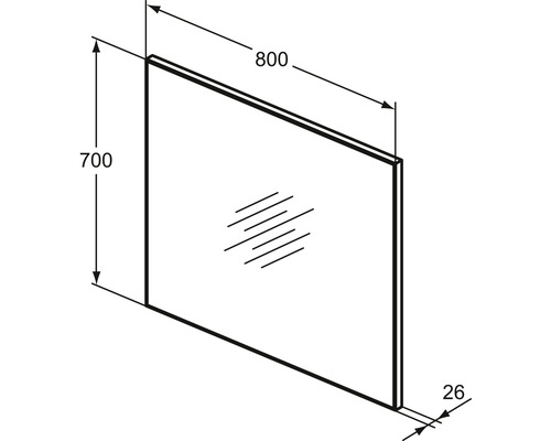 Technische Zeichnung eines Spiegels mit den Maßen 800 x 700 x 26 Millimeter