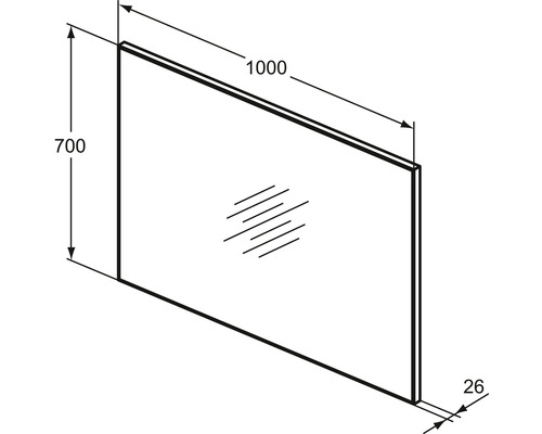 Technische Zeichnung eines rechteckigen Spiegels mit den Maßen 1000 x 700 x 26 Millimeter