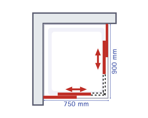 Skizze einer Duschkabine mit Breitenangabe 750 mm und Höhenangabe 900 mm