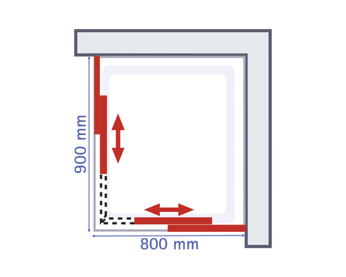 Diagramm einer Duschkabine mit den Maßen 900 mm und 800 mm