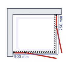Technische Zeichnung einer Duschkabine mit Maßangaben 750 mm und 900 mm
