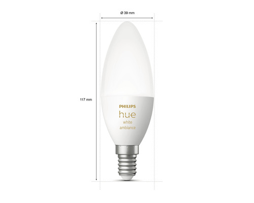 Philips Hue Leuchtmittel mit E14 Fassung, circa 39 Millimeter Durchmesser und circa 117 Millimeter Länge