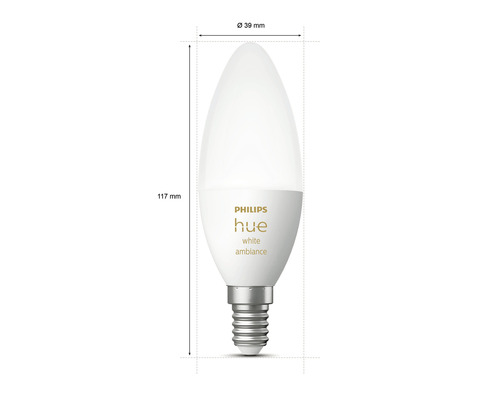 Philips Hue White Ambiance LED Lampe, E14 Fassung, Abmessungen 117 mm Höhe, 39 mm Durchmesser