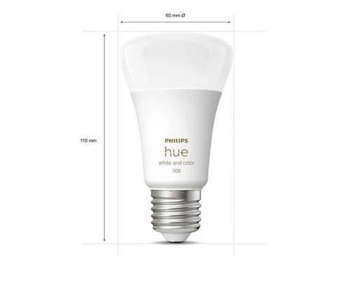 Philips Hue Lampe mit den Maßen 60 Millimeter Durchmesser und 110 Millimeter Höhe.
