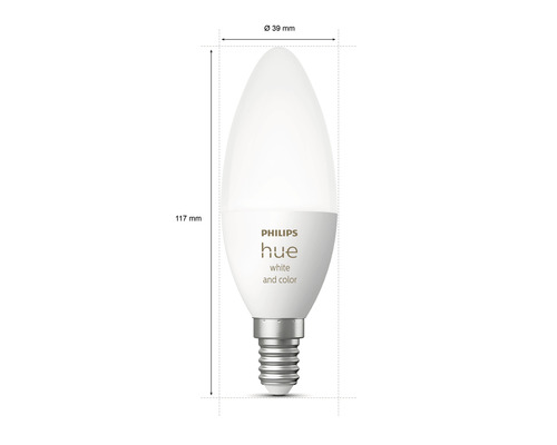 Philips Hue Lampe mit den Maßen 117 mm Länge und 39 mm Durchmesser