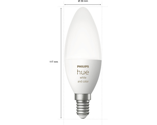Philips Hue Leuchtmittel White and Color mit E14 Fassung und Maßangaben