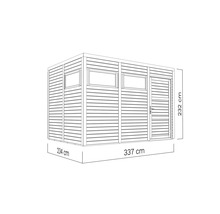 Illustration eines Gartenhauses mit den Maßen 234 cm x 337 cm x 232 cm