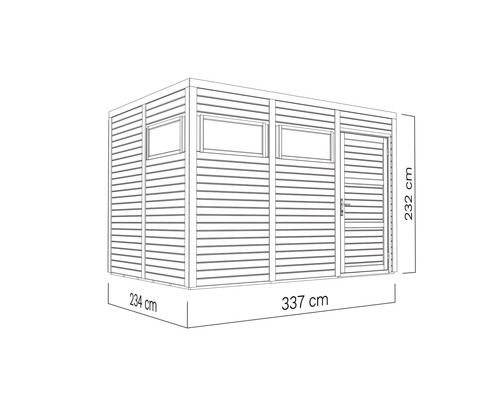 Illustration eines Gartenhauses mit den Maßen 234 cm x 337 cm x 232 cm