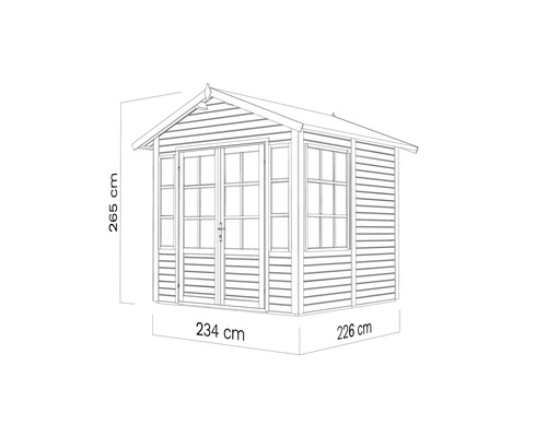 Abbildung eines Gartenhauses mit den Maßen 265 cm Höhe, 234 cm Breite und 226 cm Tiefe.