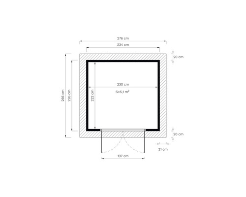 Grundriss mit Maßangaben in Zentimetern und Quadratmetern