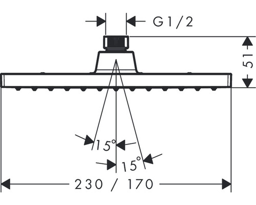 Technische Zeichnung eines Duschkopfes mit Maßangaben