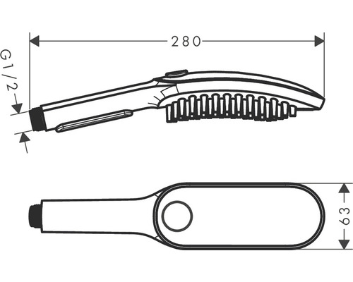 Technische Zeichnung eines Duschkopfes mit Maßangaben